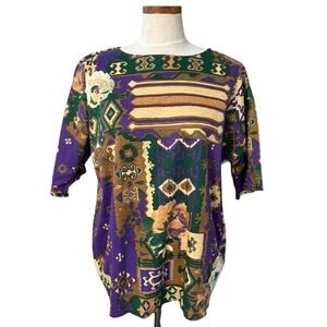 Vintage 80s 90s Abstract Tribal Print Oversized Tee Purple Gold Graphic XL AOP